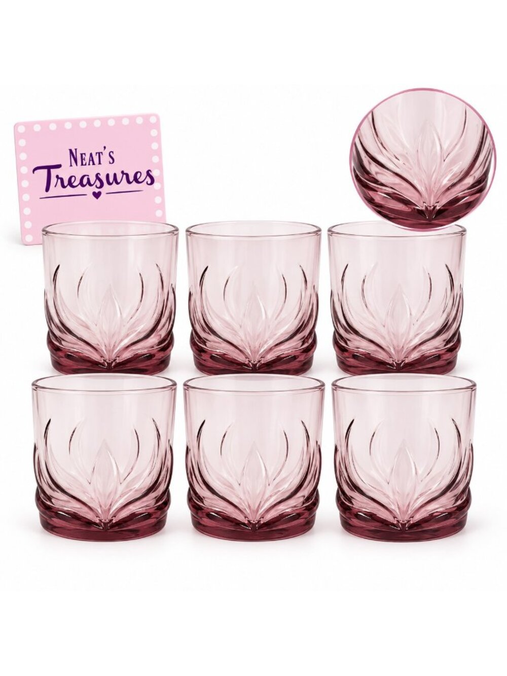 Clear Pink Tint Embossed Leaf Fan Design 16oz Double Old Fashion Glasses Set 6